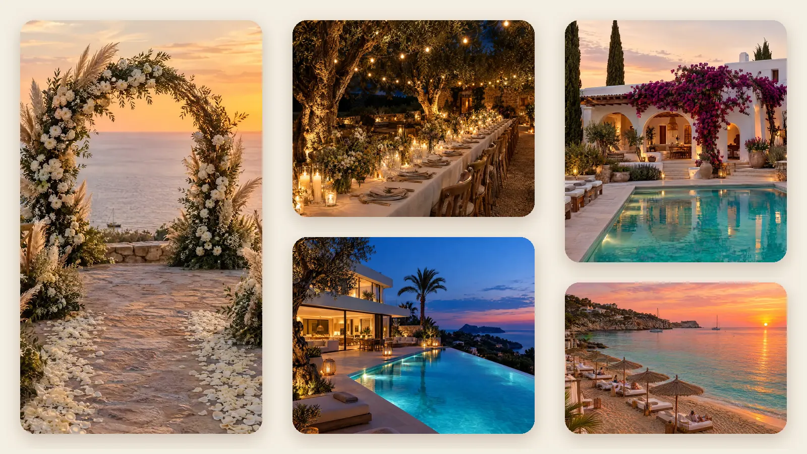 Tablero de inspiración de bodas en Ibiza: ceremonia al atardecer, cena con velas y fincas