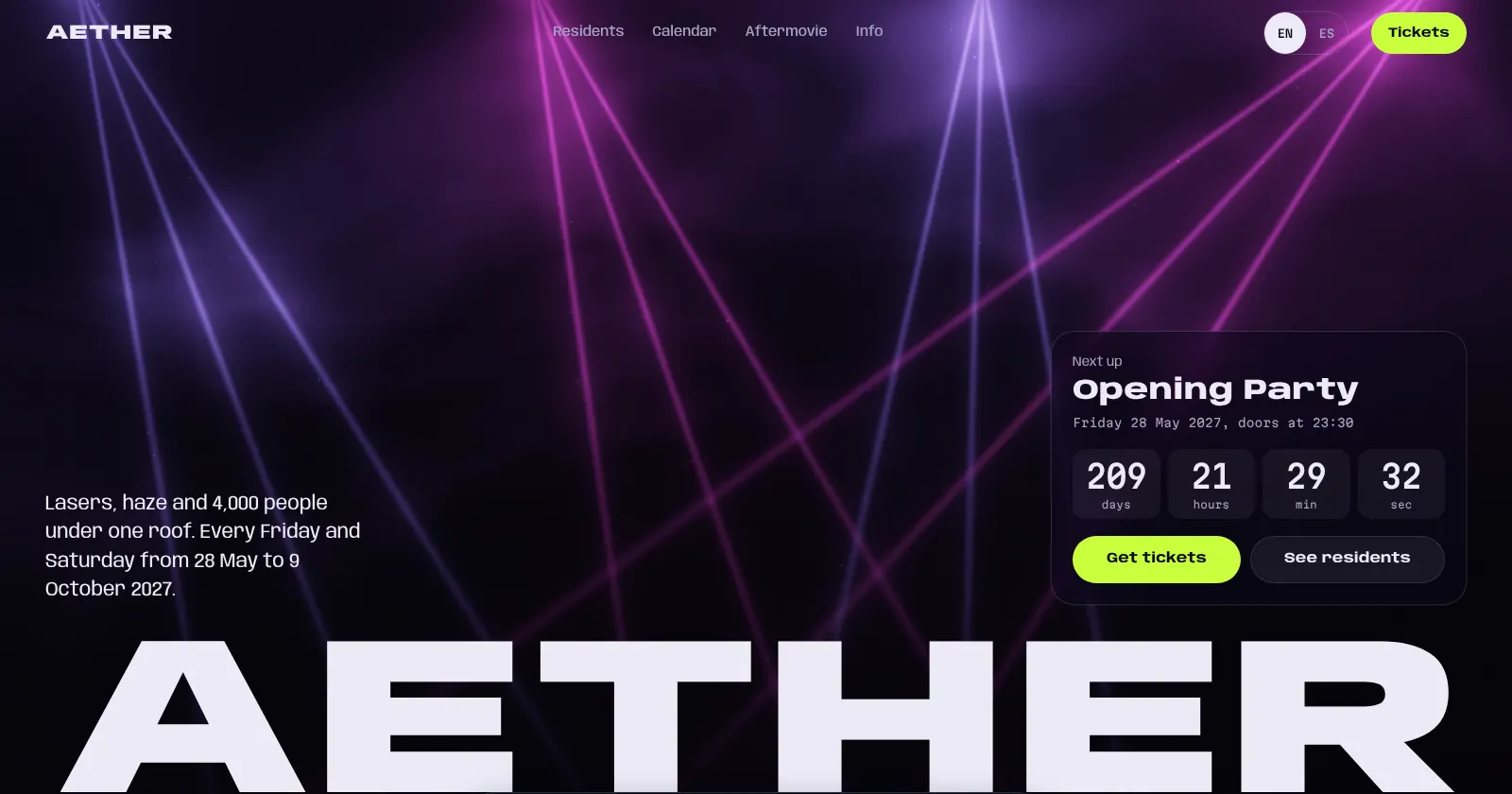 Portada de una web de ejemplo para un club de Ibiza con cuenta atrás y botón de entradas