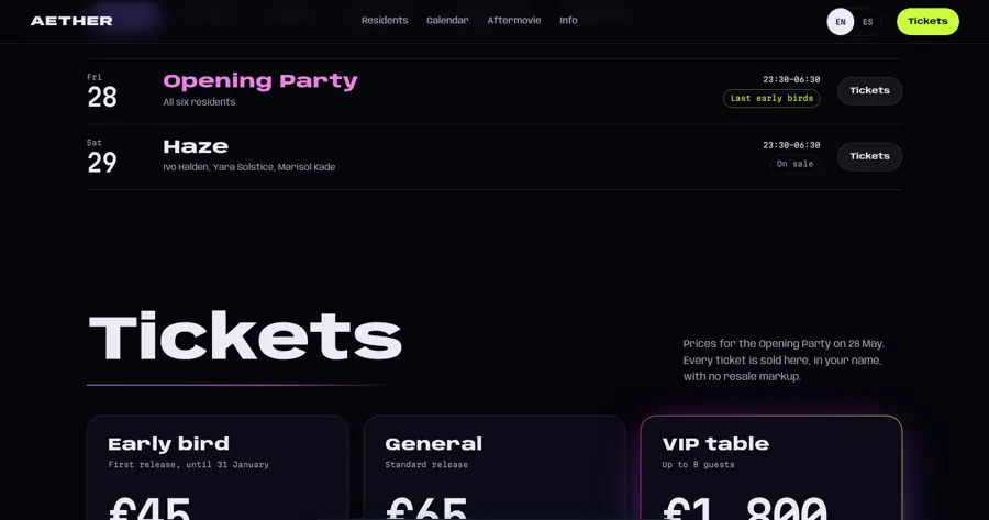Sección de entradas con early bird, general y mesa VIP en una web de ejemplo de club