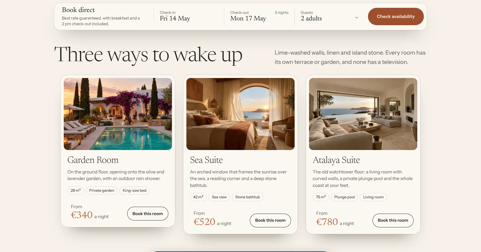 Rooms page of a sample hotel website, with prices and booking buttons