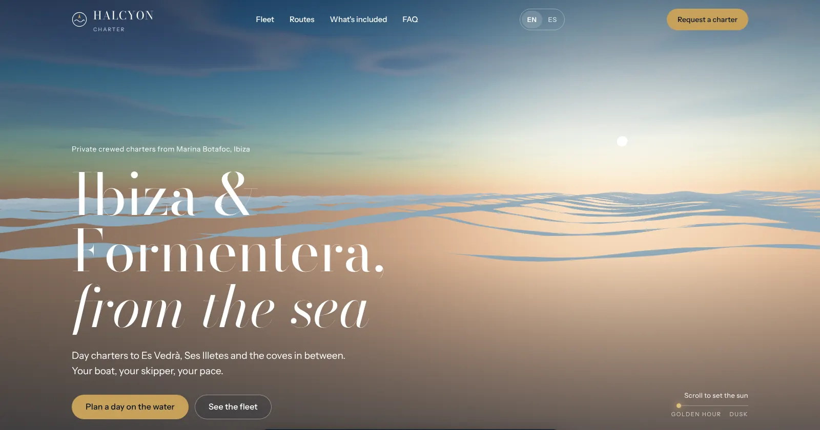 Portada de una web de ejemplo de alquiler de barcos en Ibiza y Formentera
