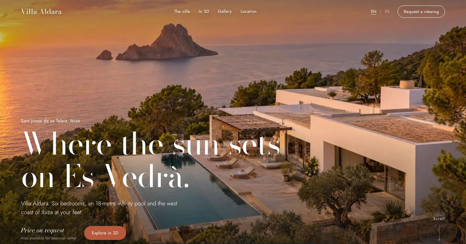 Homepage of a sample luxury villa website facing Es Vedrà