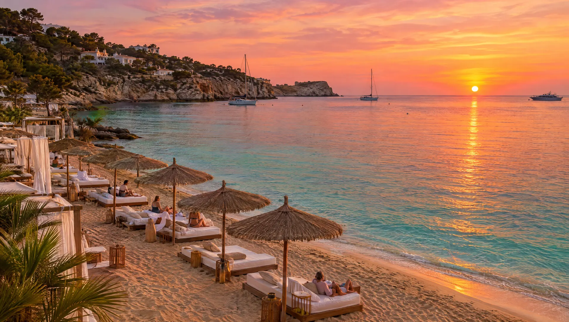 Daybeds and straw parasols on a sandy cove at sunset, the sun dropping into a calm turquoise sea