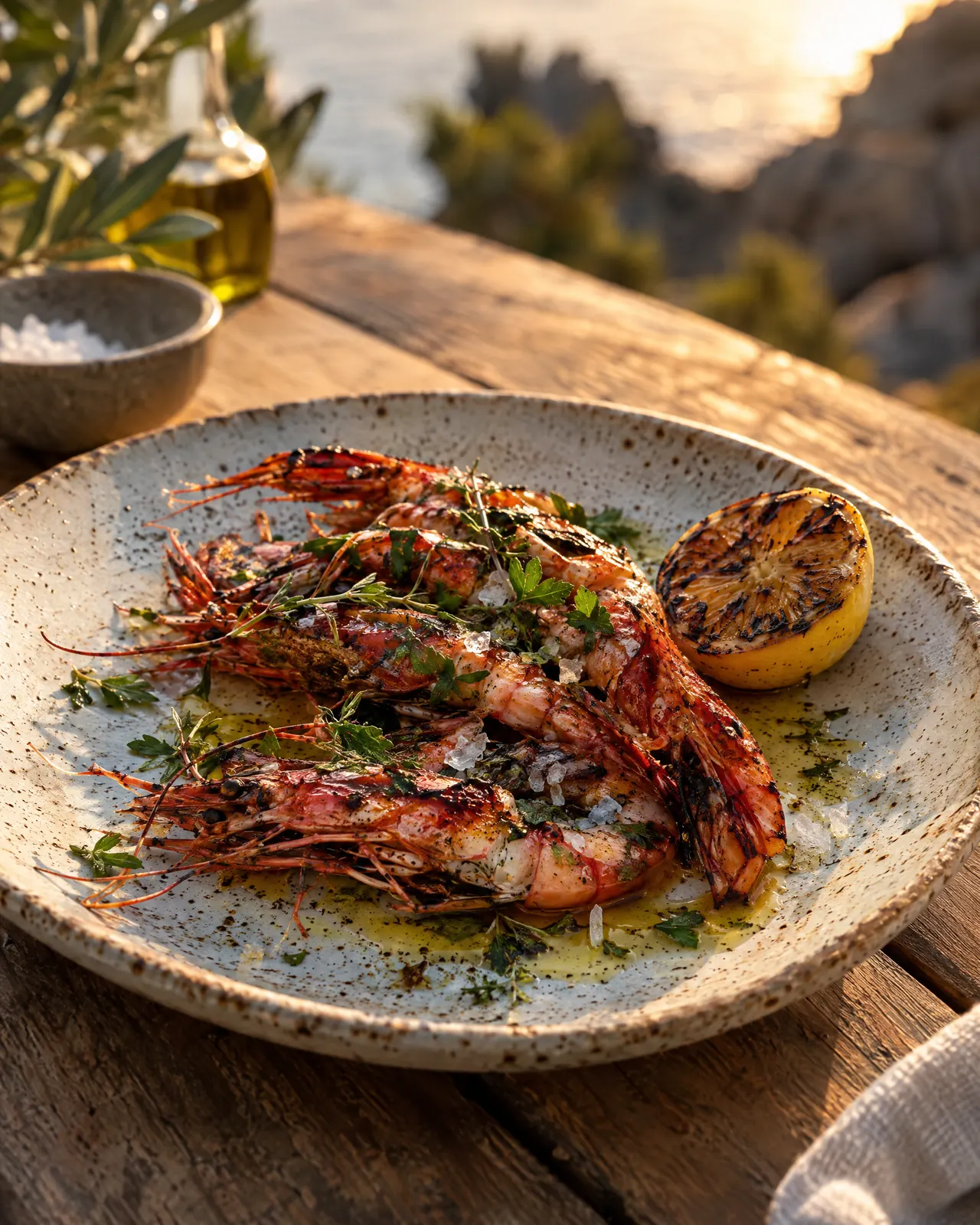Grilled red prawns on a table by the sea