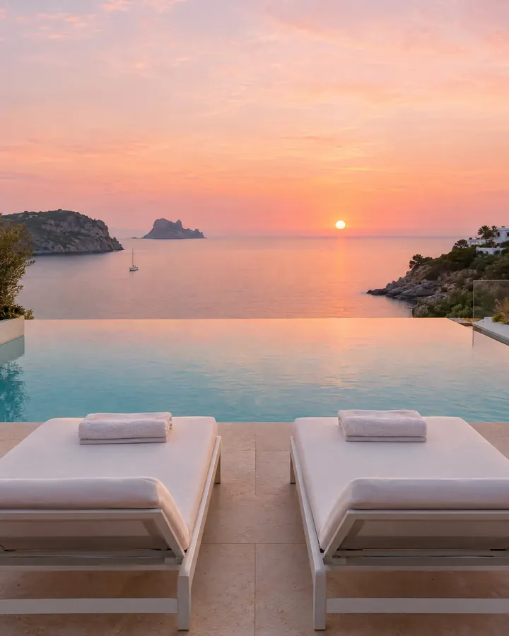 Piscina de un hotel boutique de Ibiza al atardecer, con tumbonas blancas y vistas al mar