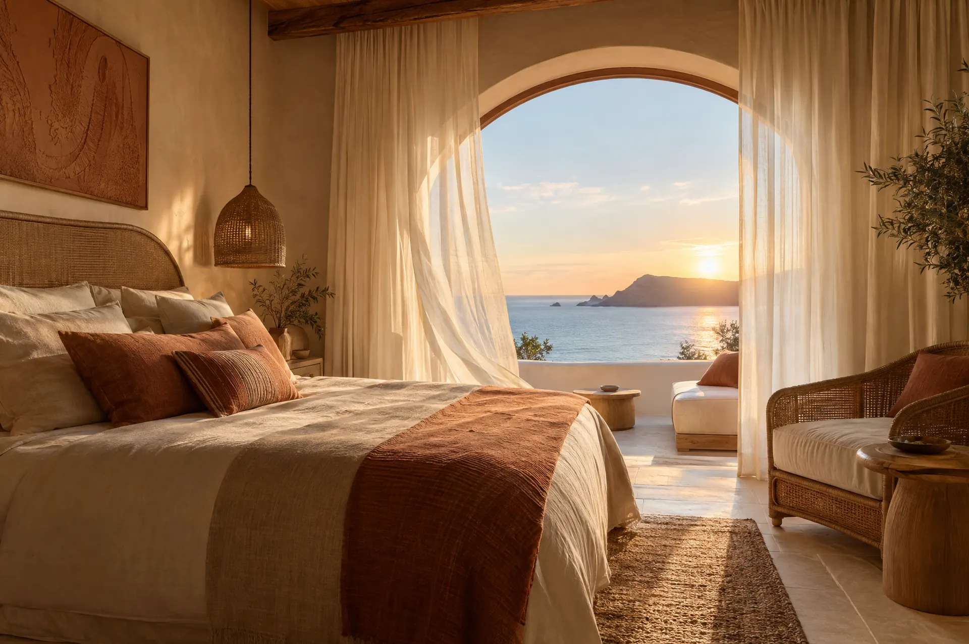 Suite with an arched window open to the sea at sunrise