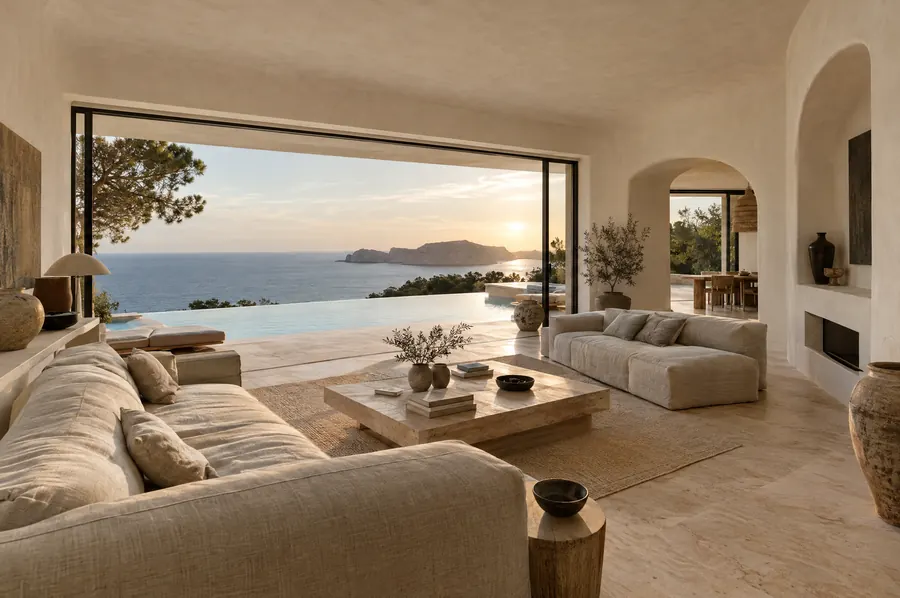 Atalaya Suite living room with curved white walls and a sea view
