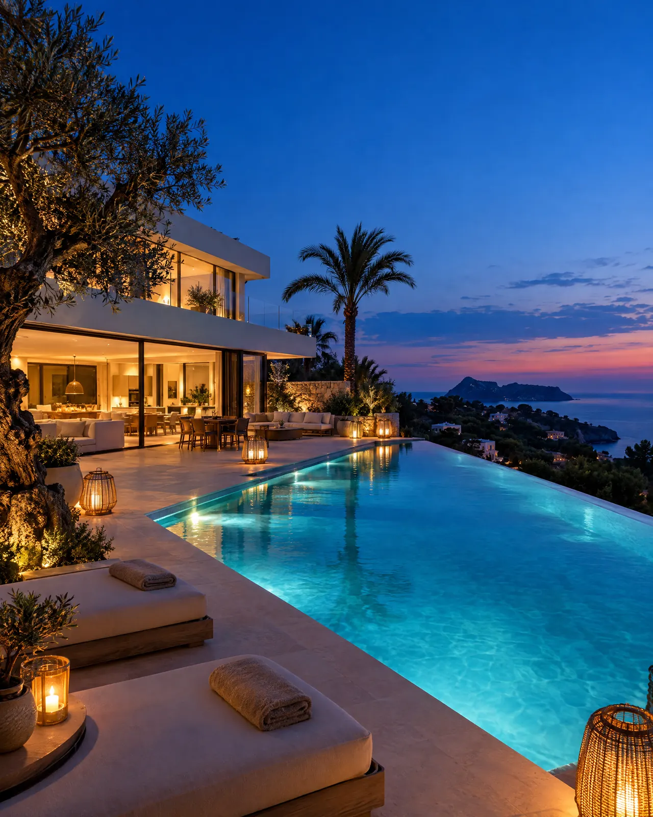 Villa terrace and lit pool at blue hour