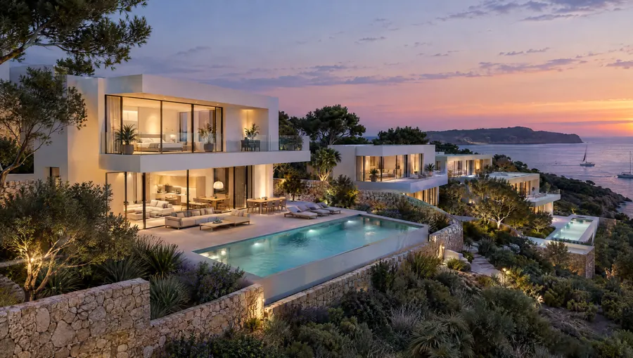 Imagen conceptual de villas blancas contemporáneas con piscina infinita frente al mar al atardecer