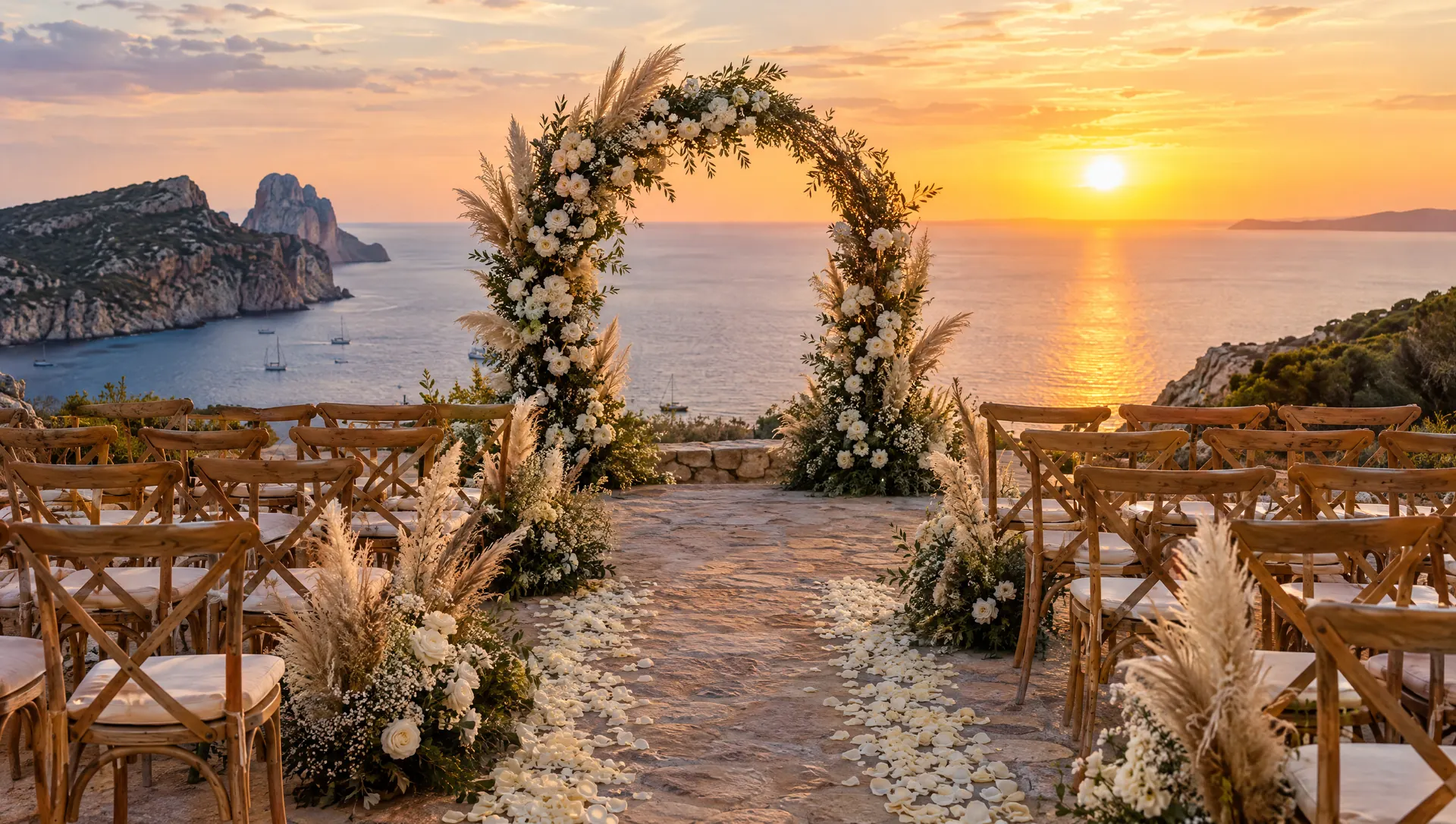 Arco floral de boda frente al mar de Ibiza al atardecer